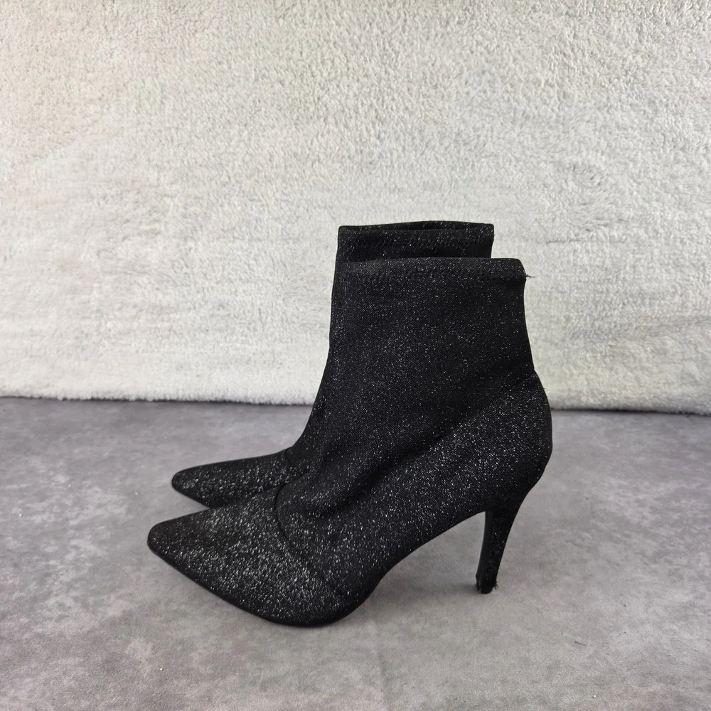 Brash Womens Black Glitter Sock Ankle Boots Pointed Toe Stiletto Heel Size 10